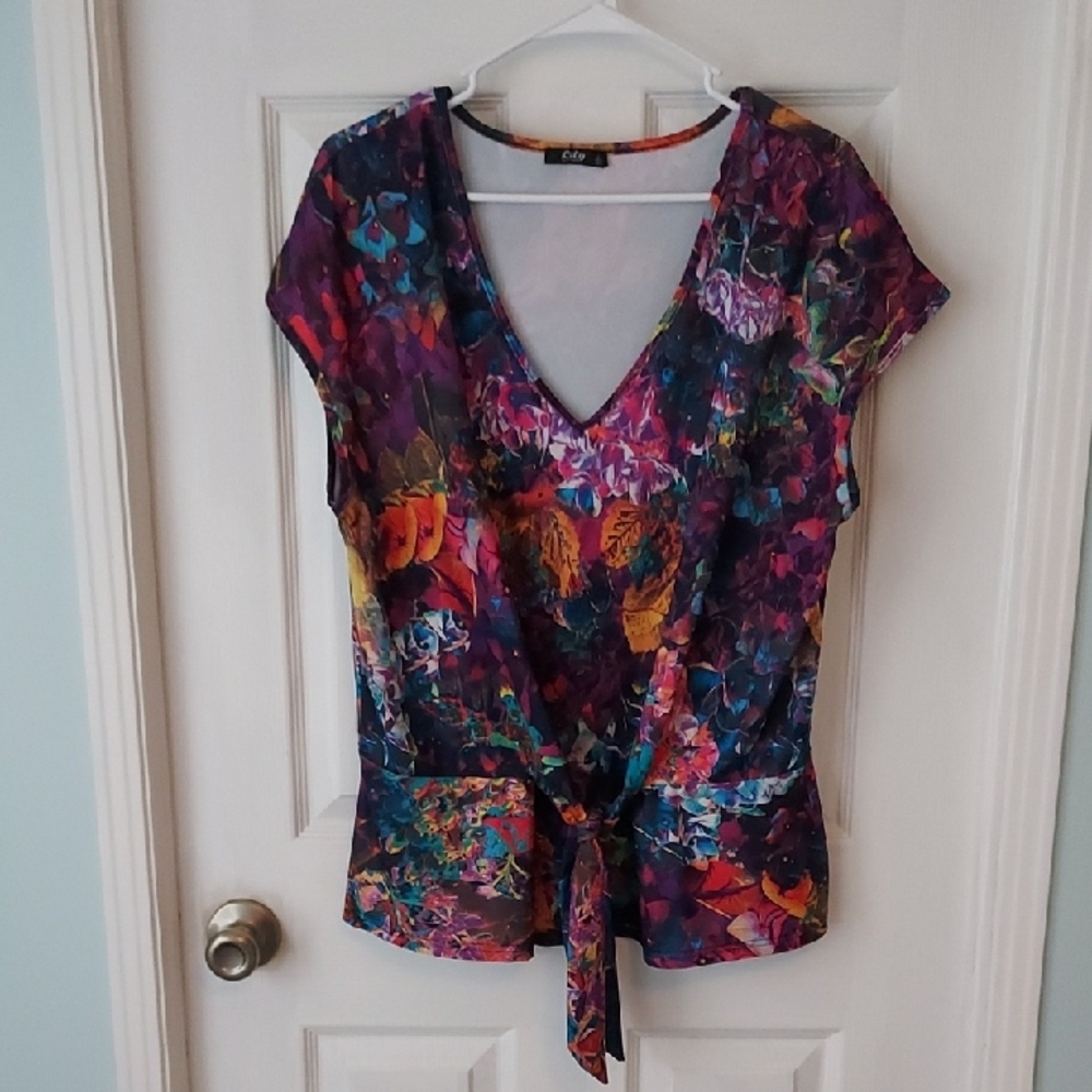 Multicolored Cap Sleeve Blouse with Tie Front